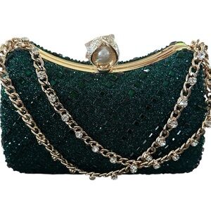 New Elegant Emerald Green Clutch with Gold Accents
